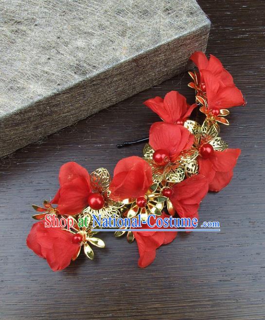 Top Grade Handmade Wedding Hair Accessories Red Headdress Silk Flowers, Baroque Style Bride Headwear for Women