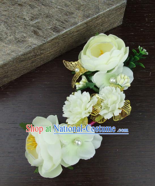 Top Grade Handmade Wedding Hair Accessories Beige Headdress Silk Flowers, Baroque Style Bride Headwear for Women