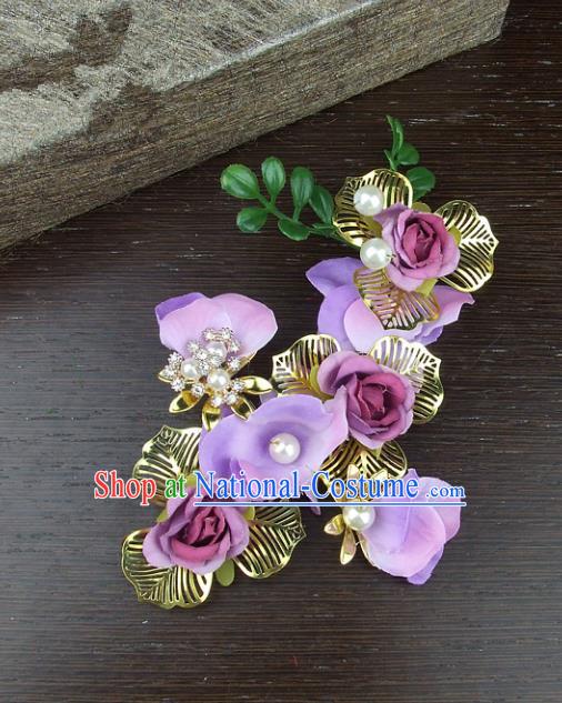 Top Grade Handmade Wedding Hair Accessories Purple Headdress Silk Flowers, Baroque Style Bride Headwear for Women