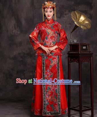 Traditional Ancient Chinese Princess Wedding Costume, Asian Chinese Xiuhe Suit Palace Lady Bride Red Dress Clothing for Women