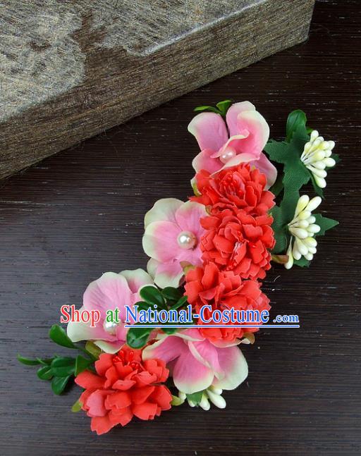 Top Grade Handmade Wedding Hair Accessories Red Silk Flowers Hair Stick Headpiece, Baroque Style Bride Headwear for Women