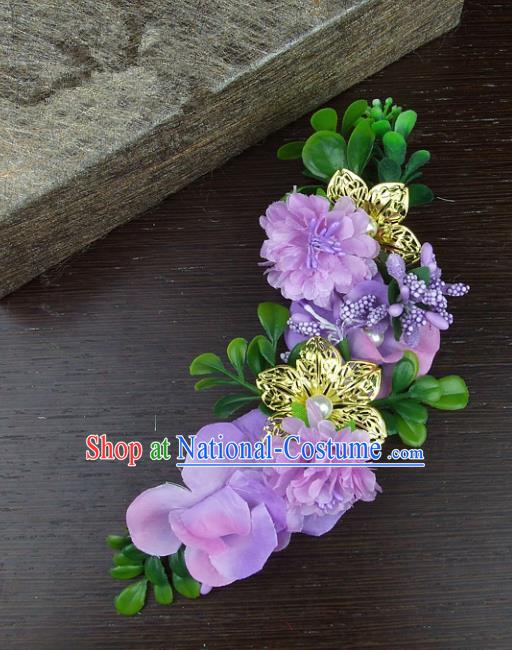 Top Grade Handmade Wedding Hair Accessories Purple Silk Flowers Hair Stick Headpiece, Baroque Style Bride Headwear for Women