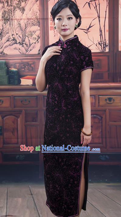 Traditional Chinese National Costume White Qipao Printing Deep Purple Cheongsam Chirpaur Dress for Women