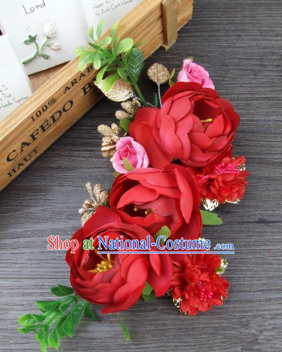 Top Grade Handmade Wedding Hair Accessories Red Silk Rose Flowers Hair Stick Headpiece, Baroque Style Bride Headwear for Women