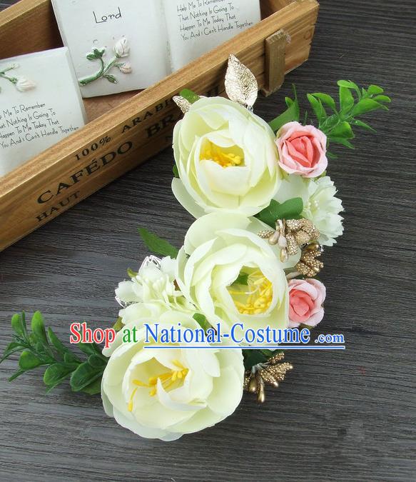 Top Grade Handmade Wedding Hair Accessories Yellow Silk Rose Flowers Hair Stick Headpiece, Baroque Style Bride Headwear for Women