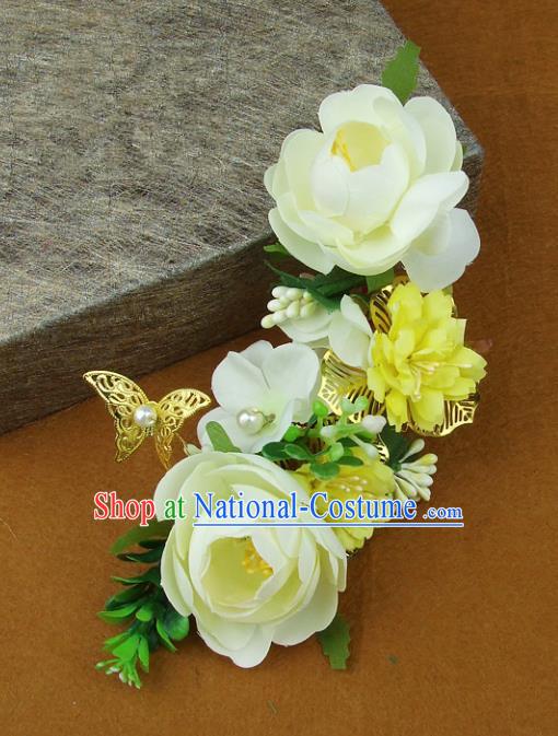 Top Grade Handmade Wedding Hair Accessories Yellow Silk Flowers Butterfly Hair Stick, Baroque Style Bride Headwear for Women