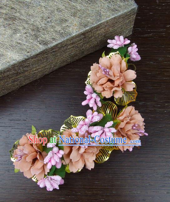 Top Grade Handmade Wedding Hair Accessories Pink Headdress Silk Flowers, Baroque Style Bride Pearls Headwear for Women