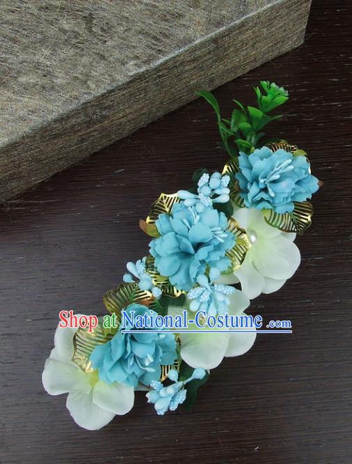 Top Grade Handmade Wedding Hair Accessories Blue Headdress Silk Flowers, Baroque Style Bride Pearls Headwear for Women