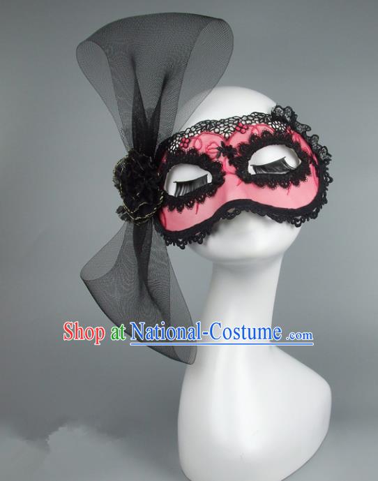 Top Grade Handmade Exaggerate Fancy Ball Accessories Model Show Pink Lace Mask, Halloween Ceremonial Occasions Face Mask