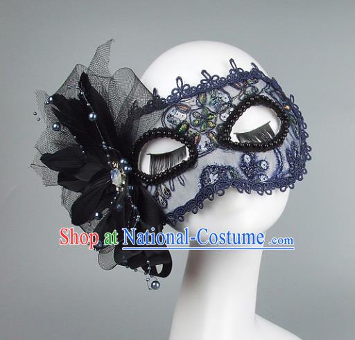 Top Grade Handmade Exaggerate Fancy Ball Accessories Model Show Blue Lace Mask, Halloween Ceremonial Occasions Face Mask