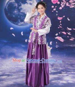 Asian China Ancient Han Dynasty Young Lady Costume, Traditional Chinese Hanfu Country Woman Purple Clothing