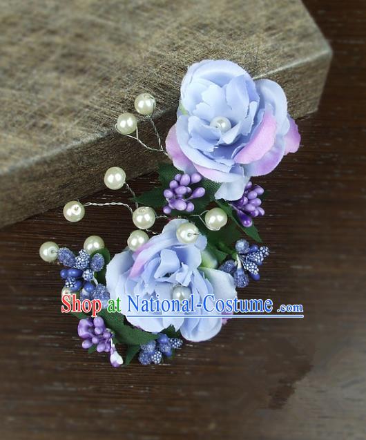 Top Grade Handmade Wedding Hair Accessories Blue Rose Flowers Headdress, Baroque Style Bride Headwear for Women