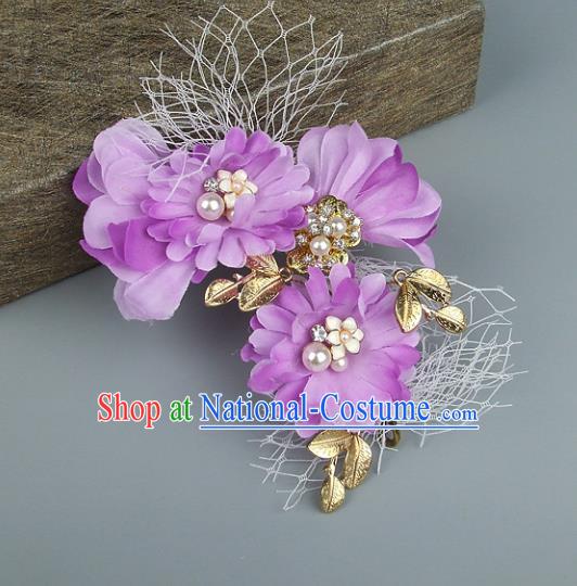 Top Grade Handmade Wedding Hair Accessories Purple Flowers Headdress, Baroque Style Bride Headwear for Women