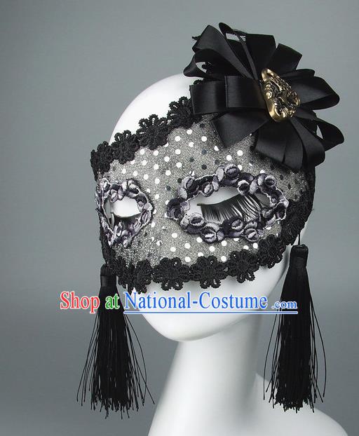 Top Grade Handmade Exaggerate Fancy Ball Model Show Black Lace Tassel Mask, Halloween Ceremonial Occasions Face Mask