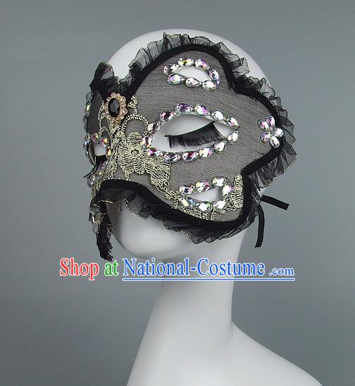 Top Grade Handmade Exaggerate Fancy Ball Model Show Black Crystal Mask, Halloween Ceremonial Occasions Face Mask