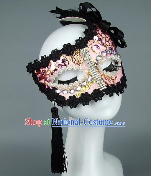 Top Grade Handmade Exaggerate Fancy Ball Model Show Lace Tassel Pink Mask, Halloween Ceremonial Occasions Face Mask