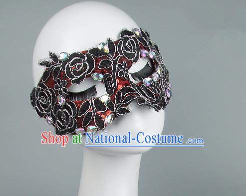 Top Grade Handmade Exaggerate Fancy Ball Model Show Red Crystal Mask, Halloween Ceremonial Occasions Face Mask