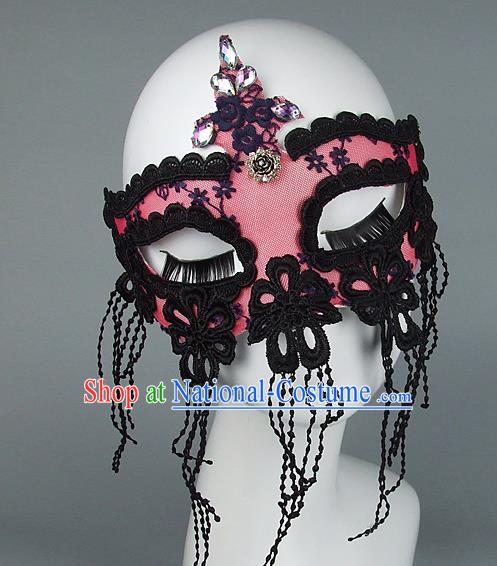 Top Grade Handmade Exaggerate Fancy Ball Model Show Pink Lace Tassel Crystal Mask, Halloween Ceremonial Occasions Face Mask