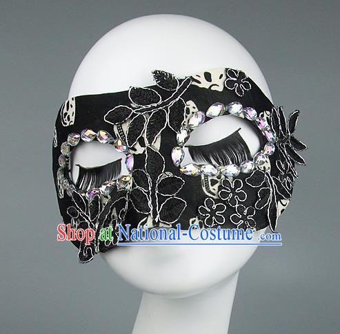 Top Grade Handmade Exaggerate Fancy Ball Model Show Black Lace Mask, Halloween Ceremonial Occasions Face Mask