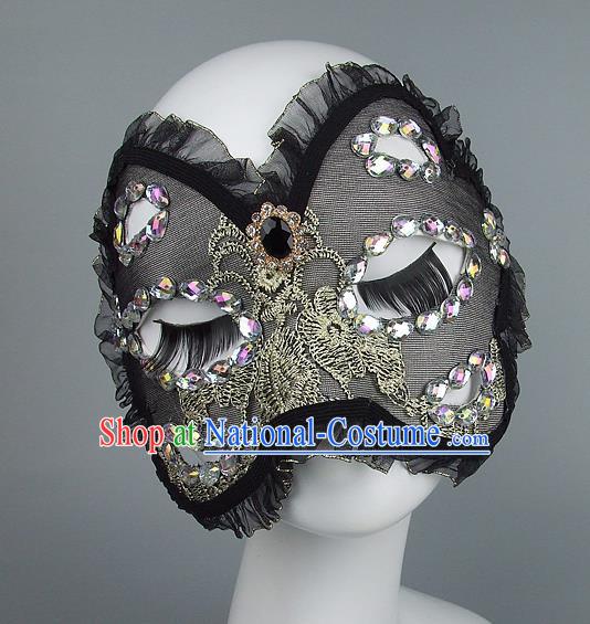 Top Grade Handmade Exaggerate Fancy Ball Model Show Black Veil Mask, Halloween Ceremonial Occasions Face Mask