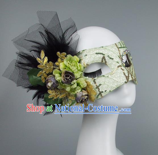 Top Grade Handmade Exaggerate Fancy Ball Model Show Veil Green Flowers Mask, Halloween Ceremonial Occasions Face Mask