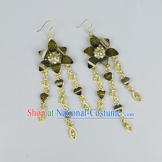 Top Grade Wedding Accessories Vintage Tassel Earrings, Baroque Style Handmade Bride Green Crystal Flower Eardrop for Women