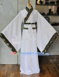 Asian China Ancient Han Dynasty Scholar Costume, Traditional Chinese Hanfu Embroidered White Robe Clothing for Men