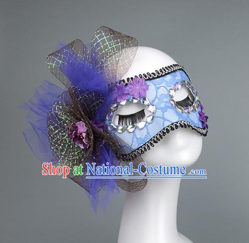 Top Grade Handmade Exaggerate Fancy Ball Accessories Model Show Blue Lace Bowknot Mask, Halloween Ceremonial Occasions Face Mask