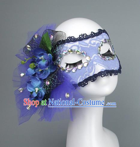 Top Grade Handmade Exaggerate Fancy Ball Accessories Blue Lace Mask, Halloween Model Show Ceremonial Occasions Face Mask