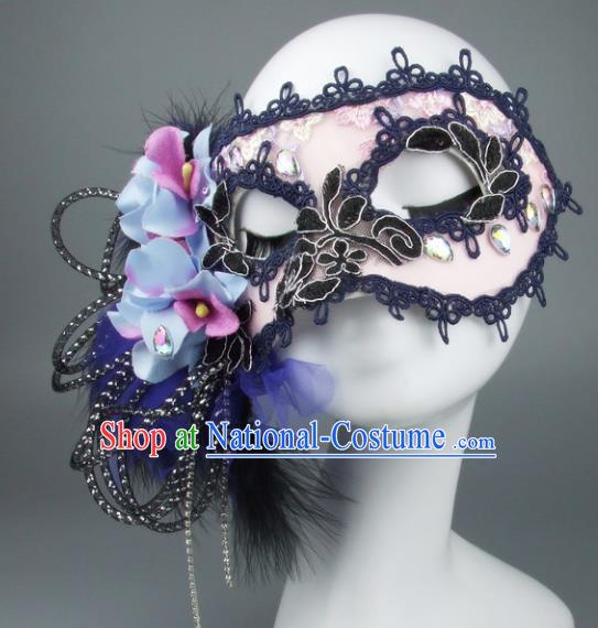 Top Grade Handmade Exaggerate Fancy Ball Accessories Pink Lace Mask, Halloween Model Show Ceremonial Occasions Face Mask