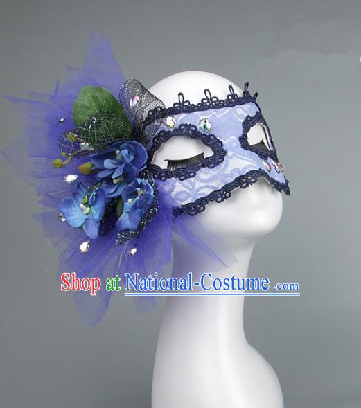 Top Grade Handmade Exaggerate Fancy Ball Accessories Blue Veil Mask, Halloween Model Show Ceremonial Occasions Face Mask