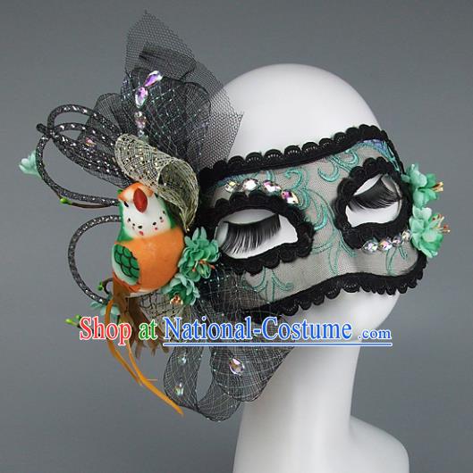 Top Grade Handmade Exaggerate Fancy Ball Accessories Model Show Veil Green Lace Mask, Halloween Ceremonial Occasions Face Mask