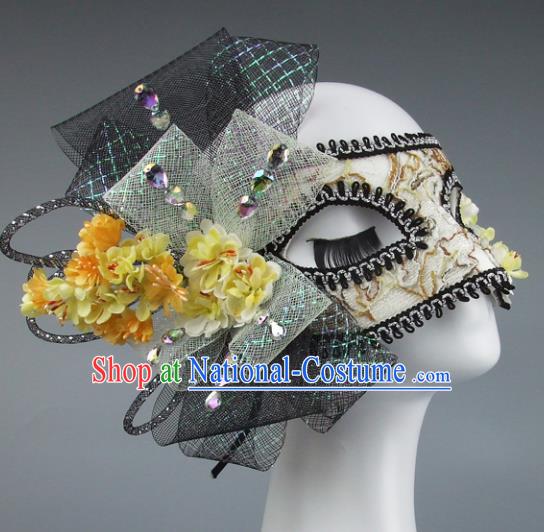 Top Grade Handmade Exaggerate Fancy Ball Accessories Model Show Veil Yellow Flowers Mask, Halloween Ceremonial Occasions Face Mask