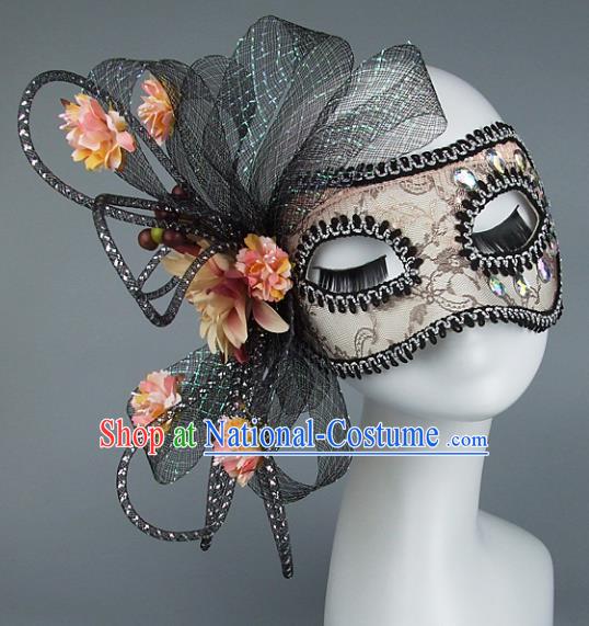 Top Grade Handmade Exaggerate Fancy Ball Accessories Model Show Veil Pink Flowers Mask, Halloween Ceremonial Occasions Face Mask