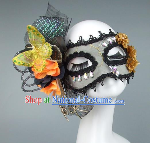 Top Grade Handmade Exaggerate Fancy Ball Accessories Black Veil Butterfly Mask, Halloween Model Show Ceremonial Occasions Face Mask