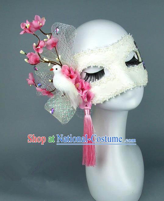 Top Grade Handmade Exaggerate Fancy Ball Accessories Peach Pink Flowers Pigeon Mask, Halloween Model Show Ceremonial Occasions Face Mask