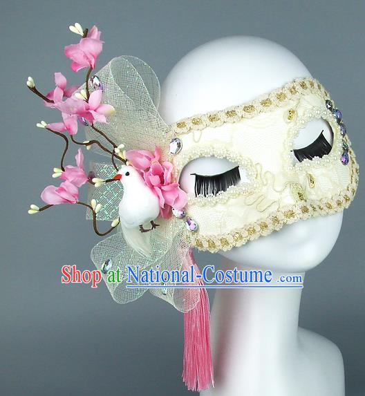 Top Grade Handmade Exaggerate Fancy Ball Accessories Pink Flowers Pigeon Tassel Mask, Halloween Model Show Ceremonial Occasions Face Mask