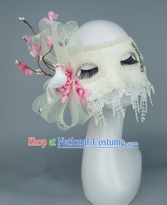 Top Grade Handmade Exaggerate Fancy Ball Accessories Pink Flowers Lace Mask, Halloween Model Show Ceremonial Occasions Face Mask