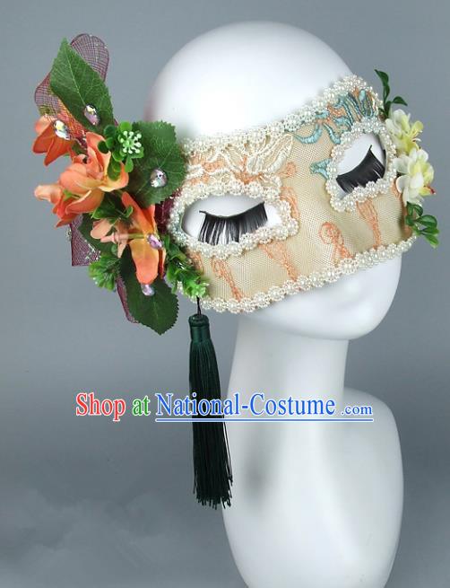 Top Grade Handmade Exaggerate Fancy Ball Accessories Pink Flowers Lace Mask, Halloween Model Show Ceremonial Occasions Face Mask