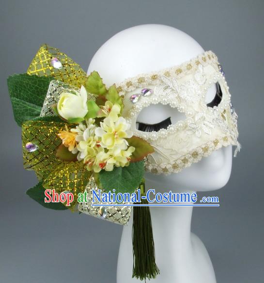 Top Grade Handmade Exaggerate Fancy Ball Accessories Yellow Flowers Lace Mask, Halloween Model Show Ceremonial Occasions Face Mask