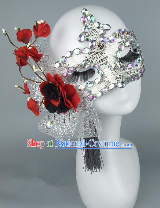 Top Grade Handmade Exaggerate Fancy Ball Accessories Red Flowers Paillette Mask, Halloween Model Show Ceremonial Occasions Face Mask