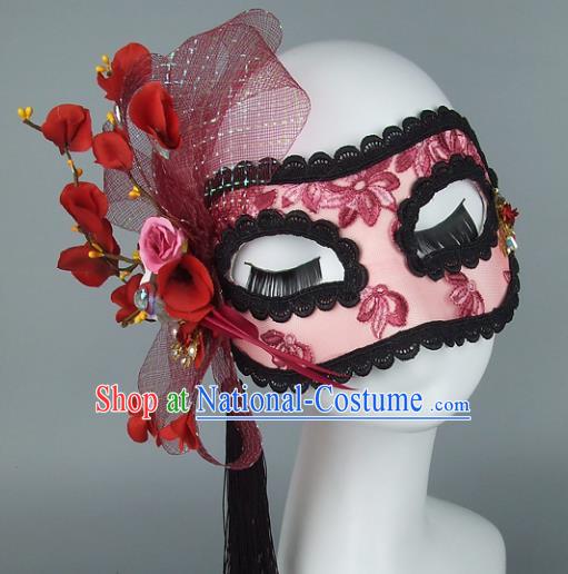 Top Grade Handmade Exaggerate Fancy Ball Accessories Red Veil Lace Mask, Halloween Model Show Ceremonial Occasions Face Mask