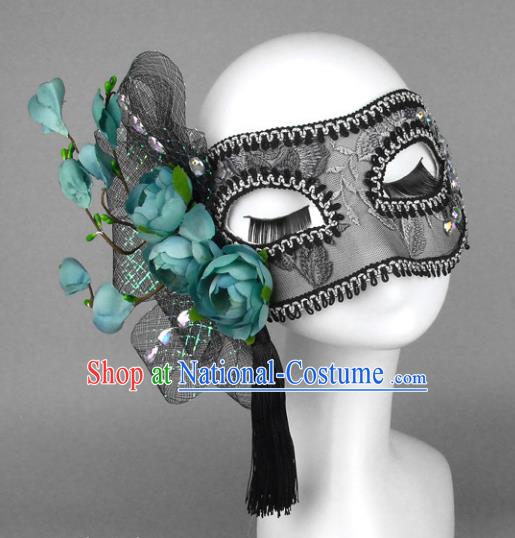 Top Grade Handmade Exaggerate Fancy Ball Accessories Green Flowers Lace Mask, Halloween Model Show Ceremonial Occasions Face Mask