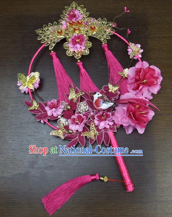 Traditional Handmade Chinese Ancient Wedding Pink Flowers Butterfly Round Fans, Hanfu Palace Lady Bride Xiuhe Suit Mandarin Fans for Women