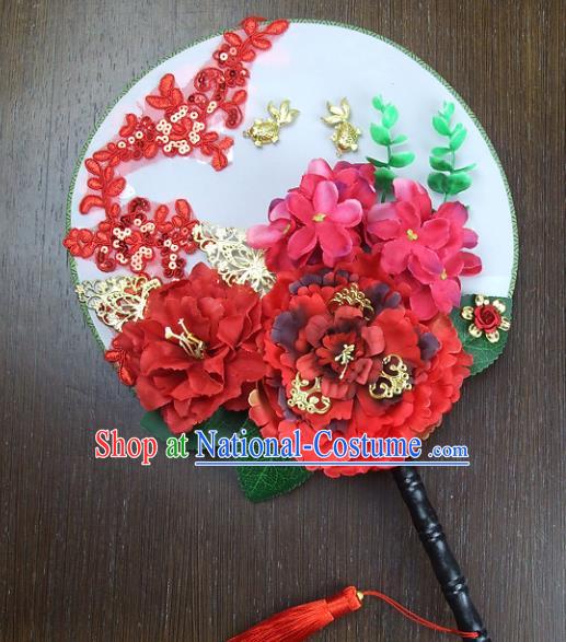 Traditional Handmade Chinese Ancient Wedding Red Peony Round Fans, Hanfu Palace Lady Bride Xiuhe Suit Mandarin Fans for Women