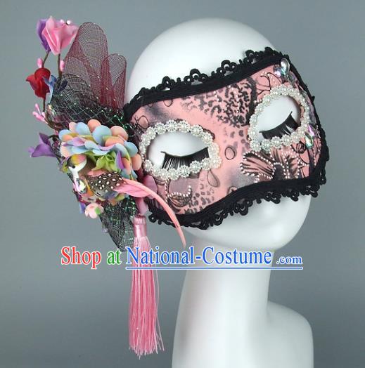 Top Grade Handmade Exaggerate Fancy Ball Accessories Pink Lace Mask, Halloween Model Show Ceremonial Occasions Face Mask