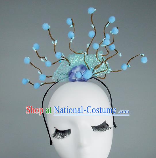 Handmade Halloween Blue Flowers Hair Accessories Model Show Headdress, Halloween Ceremonial Occasions Miami Deluxe Exaggerate Fancy Ball Headwear