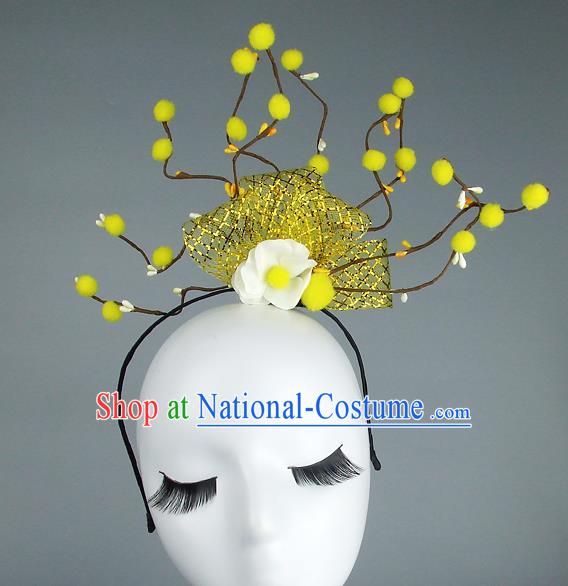 Handmade Halloween Yellow Flowers Hair Accessories Model Show Headdress, Halloween Ceremonial Occasions Miami Deluxe Exaggerate Fancy Ball Headwear