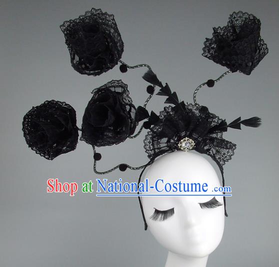 Handmade Halloween Black Lace Hair Accessories Model Show Headdress, Halloween Ceremonial Occasions Miami Deluxe Exaggerate Fancy Ball Headwear