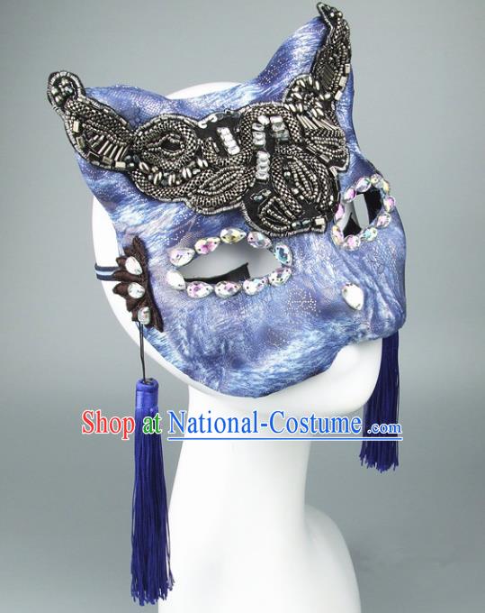 Handmade Halloween Fancy Ball Accessories Cat Blue Mask, Ceremonial Occasions Miami Face Mask